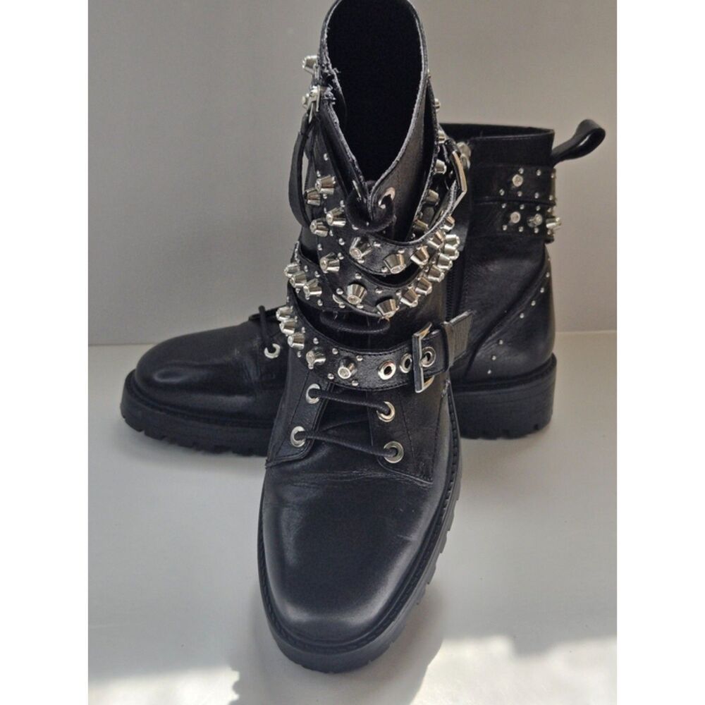 Zara Studded Leather Moto Boots Womens 37 US 6.5 Black Silver Buckle Combat